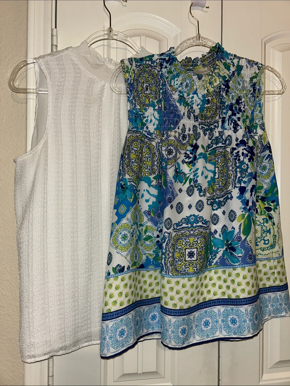 Calvin Klein White Textured Tank & Blue Green Paisley Smocked Neck Camisole.